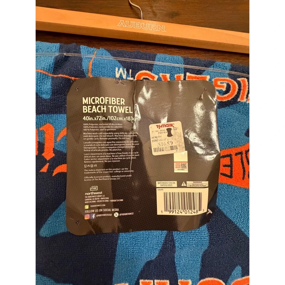 Auburn Tigers Microfiber Beach Towel Northwest War Eagle Blue Orange 40x72 NEW